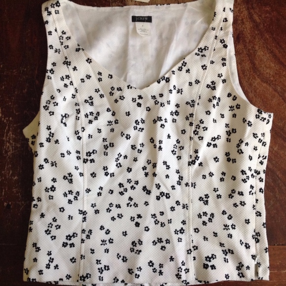 Vintage NWT J. Crew Floral Pique V-Neck Top White Black Sleeveless - Sz 8 - Picture 2 of 6